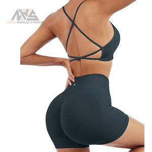 Pantalones cortos de botín de cintura alta a la moda y Sujetador deportivo Conjunto de entrenamiento sin costuras para mujer Patrón sólido Activewear - Product Image 5