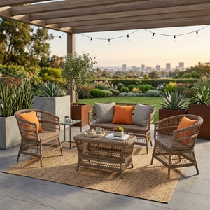 Brown Plastic <b>Rattan</b> <b>Outdoor</b> Garden Furniture Set Iron Frame Woven PE Wicker <b>Sofa</b> Armchairs Table Patio Decor Setup Art Design - Product Image 4