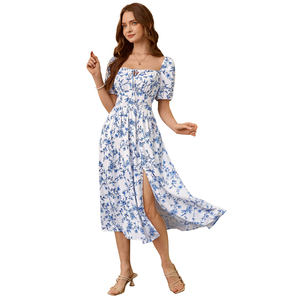 OEM abiti floreali estivi a-line rinascimentali da <span class=keywords><strong>donna</strong></span> Casual a manica corta con collo quadrato con spacco anteriore abito a trapezio anteriore - Product Image 1