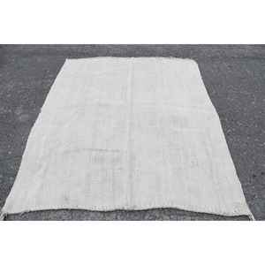 Alfombra Turca, Alfombra Vintage de 5.2x6.4 pies, Alfombra de Lana Blanca Gris con Plantas y Árboles - Product Image 1