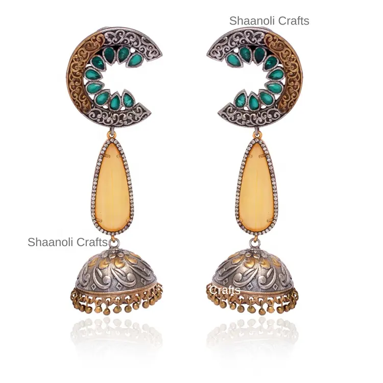 Unique Designer Two Tone Gold Silver Plated Jhumka Long Earrings Indian Wedding Jewelry for Women's