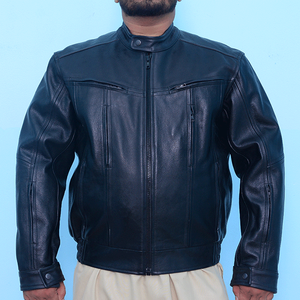 Veste en cuir véritable Unisexe Haute qualité col montant fermeture à glissière bouton Casual Racer Motorcycle Winter Jacket - Product Image 1