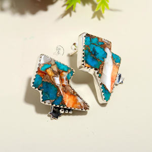 Nouveauté Naturel Lisse Argent Fantaisie Forme Épineux Huître Cuivre Turquoise Lunette Réglage Éclaircissant Boulon Conception Boucles D'oreilles - Product Image 2