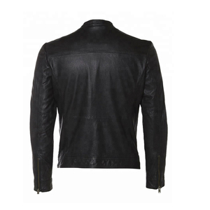 แจ็คเก็ตหนังผู้ชายสไตล์ใหม่ขายดี ทรงเข้ารูป หนังแท้ สไตล์นักขี่มอเตอร์ไซค์ สีดำ มีกระเป๋าซิป - Product Image 5