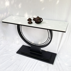 Contemporary Modern Living Room <b>Console</b> <b>Table</b> with Stone Top and <b>Round</b> Iron Frame - Product Image 6