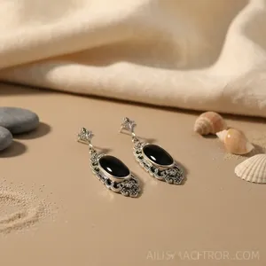 ต่างหูเงิน 925 สำหรับผู้หญิง ประดับมุกน้ำจืดและโอนิกซ์ - Product Image 3