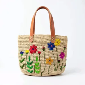 Bolso Tote de Rafia Bordado con Diseño de Baobab y Árbol Floral, Estilo Bohemio, para Playa, Verano, Abierto - Product Image 3