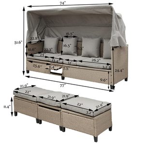 Ensemble de canapé de patio en rotin avec abat-jour, canapé-<span class=keywords><strong>lit</strong></span> en rotin avec protection solaire, coussins et table élévatrice - Product Image 5