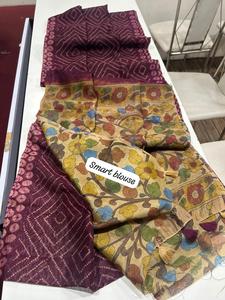 Saree numérique en lin imprimé Kalamkari avec Bandhani Pallu et glands fantaisie correspondant chemisier en soie de style ethnique pour les fêtes - Product Image 5