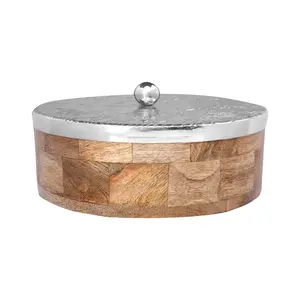 Boîte de rangement en bois élégante et artisanale avec couvercle en métal de qualité supérieure, durable et écologique, diamètre 24 cm, pour la maison moderne, la cuisine et la table à manger - Product Image 1