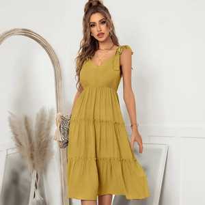 Verano señoras de talla grande hasta la rodilla Boho Maxi vestido Casual vacaciones sin mangas trajes sueltos ajuste Natural sólido para mujeres - Product Image 3