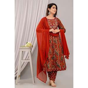 Conjunto de Kurta Anarkali Bordado Floral Color Granate para Mujer con Pantalones y Dupatta - Product Image 3