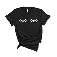 Vente en gros de t-shirt en coton avec étiquette personnalisée pour cils, Logo imprimé pour femmes
