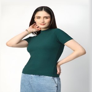 Camiseta verde sólida, cuello descubierto y manga corta, camiseta lisa, <span class=keywords><strong>Material</strong></span> 100%, tela de algodón, ropa de mujer hecha en la India - Product Image 5