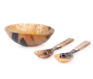 Bol de service à carreaux en corne de buffle naturelle avec cuillère et fourchette ensemble 6 pouces bol de service artisanal décor à la maison vintage - Product Image 3