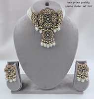 Collier et boucles d'oreilles traditionnels indiens en imitation or, avec pendentif Motipearl fantaisie, perles Kundan et perles d'imitation, style Mala Drop