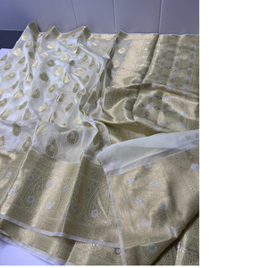 Sutra brokat kustom Saree dalam warna gading dengan brokat perak ideal untuk desainer pakaian untuk dijual kembali