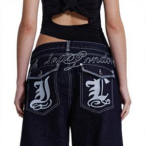 Jean en denim décontracté taille haute ample et large pour femme, style streetwear Y2K, éco-responsable, avec broderie de logo personnalisée - Product Image 1