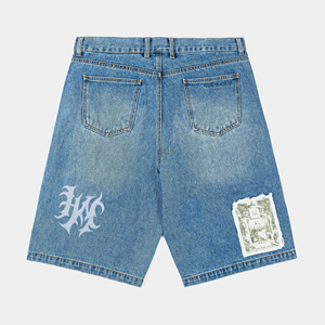 Pantalones Cortos Bermuda Vaqueros Vintage para Hombre con Estampados Religiosos y Parches, Cintura Alta, Cierre de Botones, Estilo Lona 100% Algodón - Product Image 2
