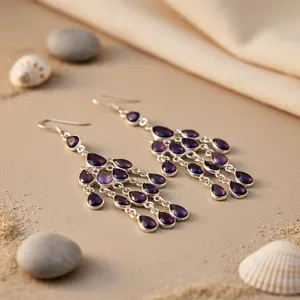 Boucles d'oreilles chandelier classiques en argent plaqué 925 avec design goutte d'eau en améthyste, tendance pour femmes, bijoux de mode pour mariage - Product Image 3