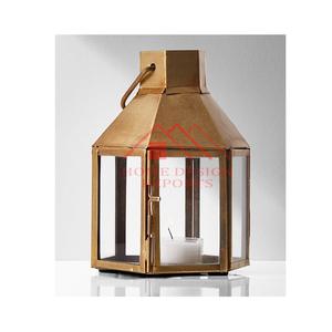 Brass Hexagon <b>Hanging</b> <b>Candle</b> Lantern for Festival Christmas Decorations Modern Table Top Brass Finishing Lantern Best Seller - Product Image 1