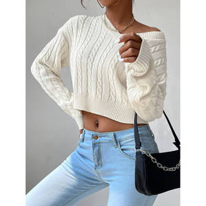 Suéter de Punto Trenzado con Cuello en V para Mujer, 100% Acrílico, Talla Grande, Invierno, con Adornos de Letras y Botones - Product Image 3