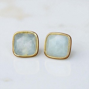 925 Sterling Silver Cushion <b>Aquamarine</b> Gemstone <b>Studs</b> <b>Earrings</b> - Handmade Collet <b>Studs</b> - 14k Gold Plated <b>Stud</b> <b>Earrings</b> Wholesale - Product Image 1
