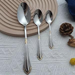 Juego de cubiertos antiguos Espejo de acero inoxidable Cubiertos chapados en oro Vajilla pesada Tenedor Cuchara - Product Image 2