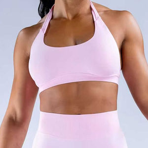 Sujetador deportivo personalizado de talla grande con cuello Halter y alto soporte para mujer con logotipo frontal opciones OEM de color sólido - Product Image 4