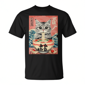 T-Shirt Kawaii Anime Manga Cibo Giapponese Gatto che Mangia Ramen Noodles T-Shirt Promozionale Gatto che Mangia Ramen Noodles - Product Image 2