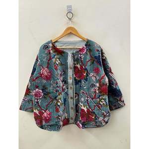 Hand Block-Printed <b>Quilted</b> Cotton <b>Jacket</b> with Coconut Shell Buttons and Three Quarter Sleeve Teal Garden Design for Spring - Product Image 1