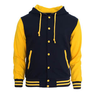 Sudadera con Capucha Premium para Hombre |   Chaqueta Bomber de Forro Polar con Mangas en Contraste Azul Marino y Amarillo Dorado, Estilo Letterman, Ropa Urbana - Product Image 1