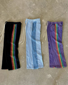 Pantalon de survêtement surdimensionné vintage en coton éponge personnalisé cordon jambe large soleil délavé à l'acide strass pantalon à rayures latérales pour hommes - Product Image 2