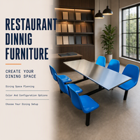 Ensemble table et chaises de restaurant rectangulaires bleues, structure métallique, sièges en plastique pour salle à manger de cantine