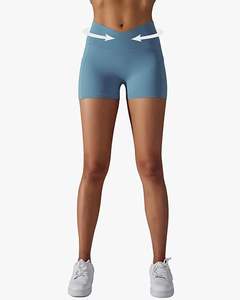 Meilleur short de yoga pour femme 2 pièces Pack taille croisée Gym Compression Spandex Stretch poches latérales courtes motif solide pour le yoga actif - Product Image 4