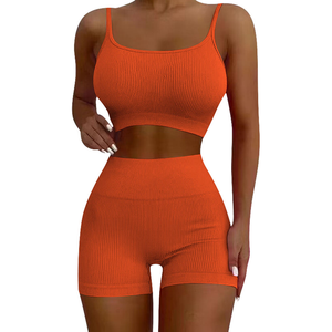 Women Ribbed 2 Piece Shorts Set with Spaghetti Strap Crop <b>Top</b> Summer Seamless Activewear in Pink Orange and Brown Colors - Product Image 3