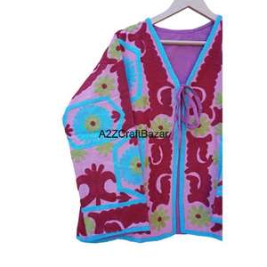 A2ZCraftBazar New Suzani Knitted Women's Slim-Fit V-neck Floral Bomber Jacket Regular Length Ruffles Hand Embroidered - Product Image 3