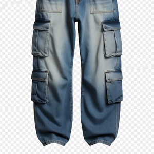 Pantalon cargo en denim tissé ample pour homme, taille haute, coupe décontractée, style streetwear, imprimé personnalisé, multi-poches, denim délavé - Product Image 3