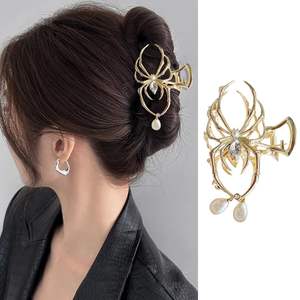 Gold Spider <b>Hair</b> Claw <b>Clip</b> With Pearl Vintage Metal Alloy Nonslip For Women <b>Halloween</b> Accessory - Product Image 1