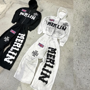 Survêtement unisexe personnalisé en molleton épais d'hiver, imprimé EDM et délavé à l'acide, effet vieilli, coupe évasée, avec pantalon de survêtement et sweat-shirt - Product Image 6