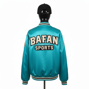 Veste en satin premium pour femmes, turquoise, tissu doux et brillant, avec des patchs sportifs brodés et un logo personnalisé, vestes en satin pour femmes - Product Image 2