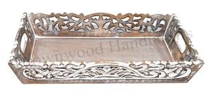 <b>Hotel</b> and <b>Restaurant</b> <b>Supplies</b> Rectangular Hand Carved Wooden Tray Set Mango Wood Food Serving Trays Set of 2 with Handles - Product Image 4