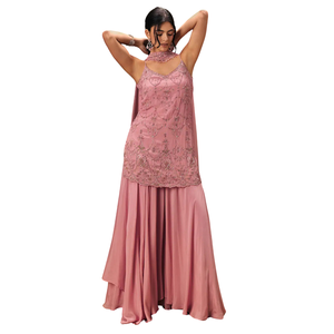 Chinon Kurti bordado rosa con conjunto Palazzo, venta al por mayor de Ropa Étnica para mujer, proveedor de fábrica de ropa OEM, traje de fiesta personalizado - Product Image 2