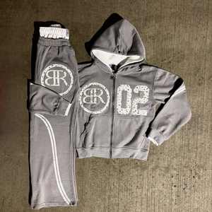 Survêtement personnalisé en gros pour hommes et femmes, sweat-shirt oversize et pantalon évasé à double taille avec broderie délavée, survêtements uniques à rayures - Product Image 6