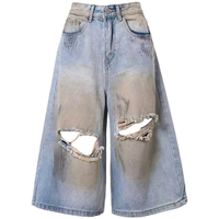 Shorts en jean délavé Y2K, style baggy, longueur genou, déchirés, jorts vintage peints à la main, demi-jeans pour femmes
