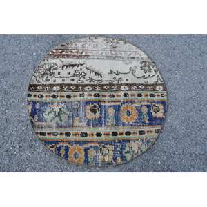 Classique Bleu Beige 2.4 X 2.4ft Vintage Tapis Turc À La Main Patchwork Conception Laine Bambou Soie Latex pour Salon Couloir Rectangle - Product Image 4