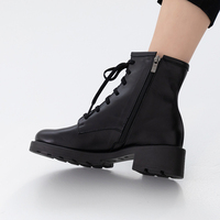 [JSHOE] sepatu bot pergelangan kaki renda kulit sapi asli buatan tangan untuk wanita tumit Chunky antiselip Walker 4.5cm buatan Korea