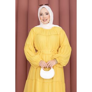 Vestido de Gasa Amarillo Oscuro con Spandex, Detalle Fruncido y Capas, Cintura Imperio, Sexy para Club/Día a Día, Tallas XS-XL, Incluye Forro - Product Image 2