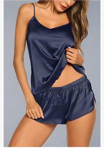 Conjunto de pijama de seda azul marino para mujer, elegante y acogedor, ropa de dormir de satén suave, pantalones cortos con técnicas lavadas para tela tejida de verano - Product Image 6