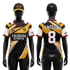 Camiseta de Rugby para Mujer, 180 GSM, Tejido de Poliéster Transpirable, Diseño de Paneles con Rayas en Azul Marino, Verde y Beige, Sublimación, Logotipo Personalizado - Product Image 5